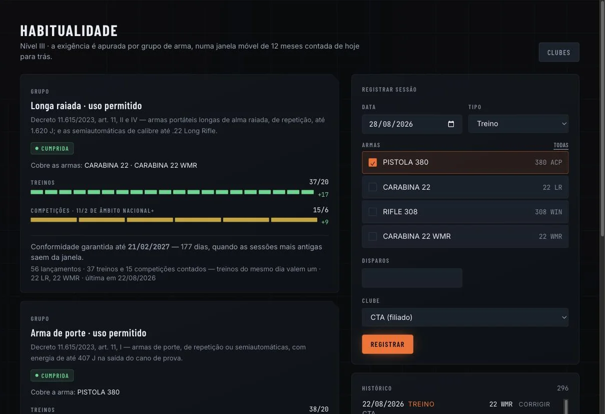 Tela de habitualidade com dois grupos de arma, barras de treinos 37/20 e competições 15/6, e o formulário de registro de sessão ao lado.