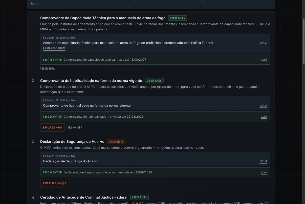 Tela de processos do MIRA mostrando os itens do pedido de autorização de aquisição, com o nome a escolher no SINARM, botão copiar e o que já foi enviado.